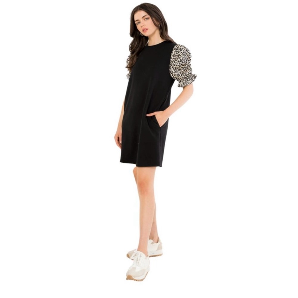 THML Black Mini Dress with Animal Print Sleeves